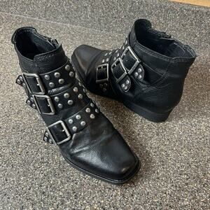 Zodiac Black Leather Ankle Boots Womens 7 M Triple Buckle Studded Comfort Casual